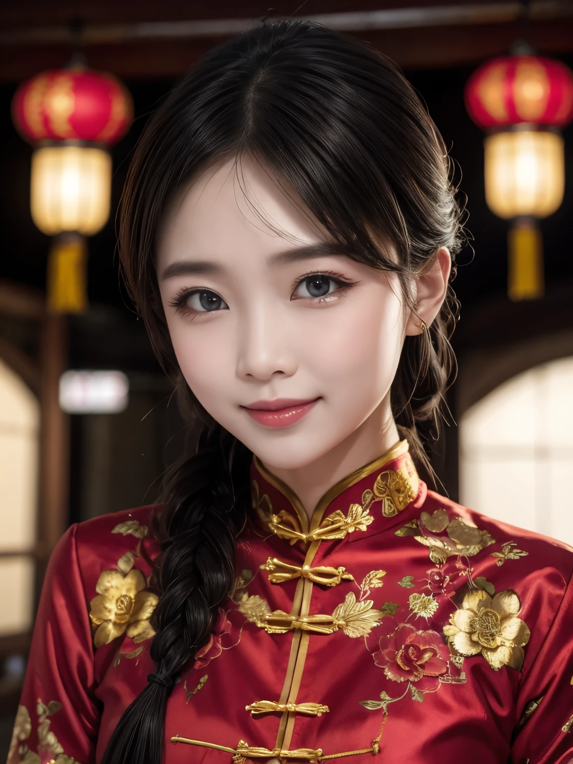 Eyes are very fragile，Double braids with cheongsam，Chinese New Year Decorations（（Smiling artwork）））， （（best quality））， （（Intricate details））， （（Surreal））（8K）