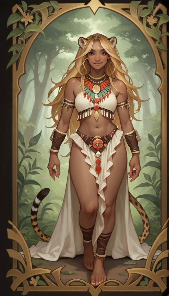 score_9, score_8_up, score_7_up, score_6_up, score_5_up, score_4_up,
female, (cheetah tabaxi), long hair, dark_skin, dark_skinned_female, blonde hair, brown eyes, eyelashes, frills, tribal outfit, light smile,
Full body standing painting, (((solo))), Simple line design, ((tarot card background, symmetric beauty)), perfectly symmetrical, The art of symmetry, Standing drawings of characters, ((flatcolors)), tmasterpiecetop Qualities qualtiy