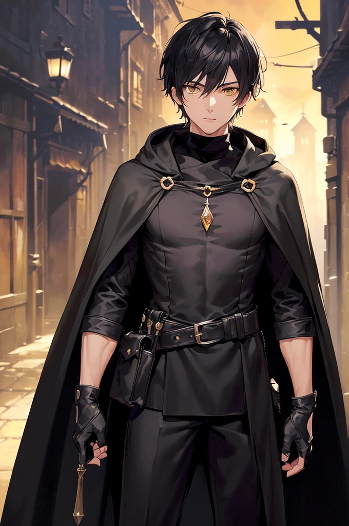 (masterpiece; best quality: 1.2), (finely detailed eyes: 1.3), ((25 year old man)), ((solo)), (yellow eyes: 1.4), (body; lithe, lean, slender: 1.3), (very short black hair: 1.3), (beautiful and clear background: 1.2), ((depth of field)), (clothes: black assassin attire + black high-neck tunic + black pants + black gloves + black cloak + belts + traveler pouches and satchel: 1.3), (anime illustration: 1.2), (background; medieval slums alleyway + night: 1.1), (extremely fine and handsome: 1.1), (shot composition; standing + centered on torso + close-up: 1.5), (expression; calm, stoic: 1.2)