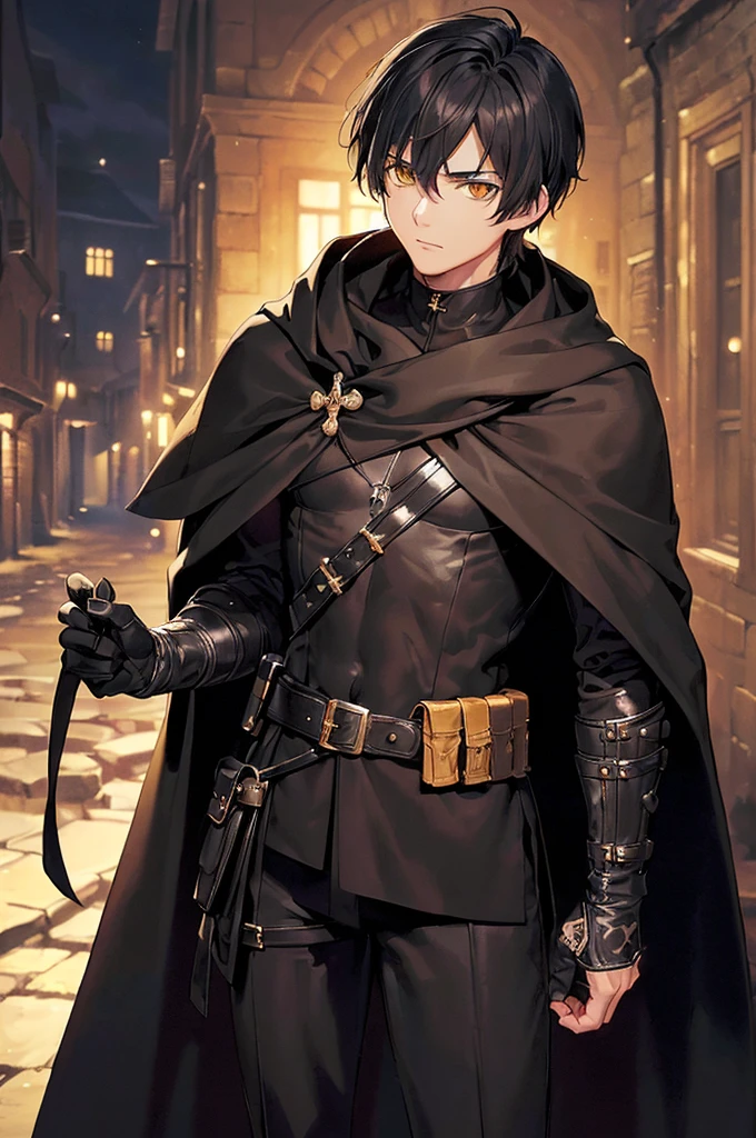(masterpiece; best quality: 1.2), (finely detailed eyes: 1.3), ((25 year old man)), ((solo)), (yellow eyes: 1.4), (body; lithe, lean, slender: 1.3), (very short black hair: 1.3), (beautiful and clear background: 1.2), ((depth of field)), (clothes: black assassin attire + black high-neck tunic + black pants + black gloves + black cloak + belts + traveler pouches and satchel: 1.3), (anime illustration: 1.2), (background; medieval slums alleyway + night: 1.1), (extremely fine and handsome: 1.1), (shot composition; standing + centered on torso + close-up: 1.5), (expression; calm, stoic: 1.2)