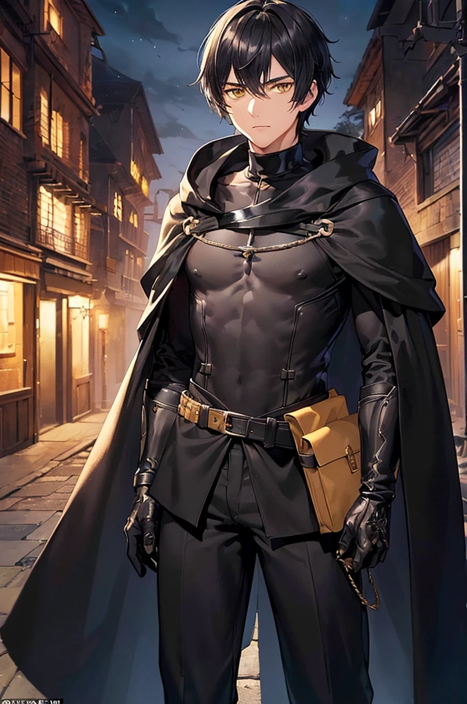 (masterpiece; best quality: 1.2), (finely detailed eyes: 1.3), ((25 year old man)), ((solo)), (yellow eyes: 1.4), (body; lithe, lean, slender: 1.3), (very short black hair: 1.3), (beautiful and clear background: 1.2), ((depth of field)), (clothes: black assassin attire + black high-neck tunic + black pants + black gloves + black cloak + belts + traveler pouches and satchel: 1.3), (anime illustration: 1.2), (background; medieval slums alleyway + night: 1.1), (extremely fine and handsome: 1.1), (shot composition; standing + centered on torso + close-up: 1.5), (expression; calm, stoic: 1.2)