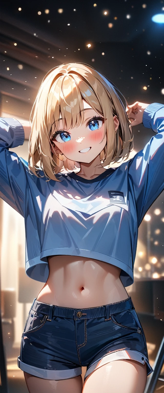 (((One girl))), blond hair, bob cut, (cowboy shot), (looking at viewer), ((shorts)), ((crop top overhang)), face in focus, teenager, head tilt:1.3, (((blue eye))), ((happy smile)), ((blush)), contrapposto, arms up, anime style, (best quality, 4k, 8k, highres, masterpiece:1.2, ultra-detailed, ultra-detailed eyes, HDR, UHD, studio lighting, ultra-fine painting, sharp focus, physically-based rendering, extreme detail description, professional, vivid colors, bokeh)