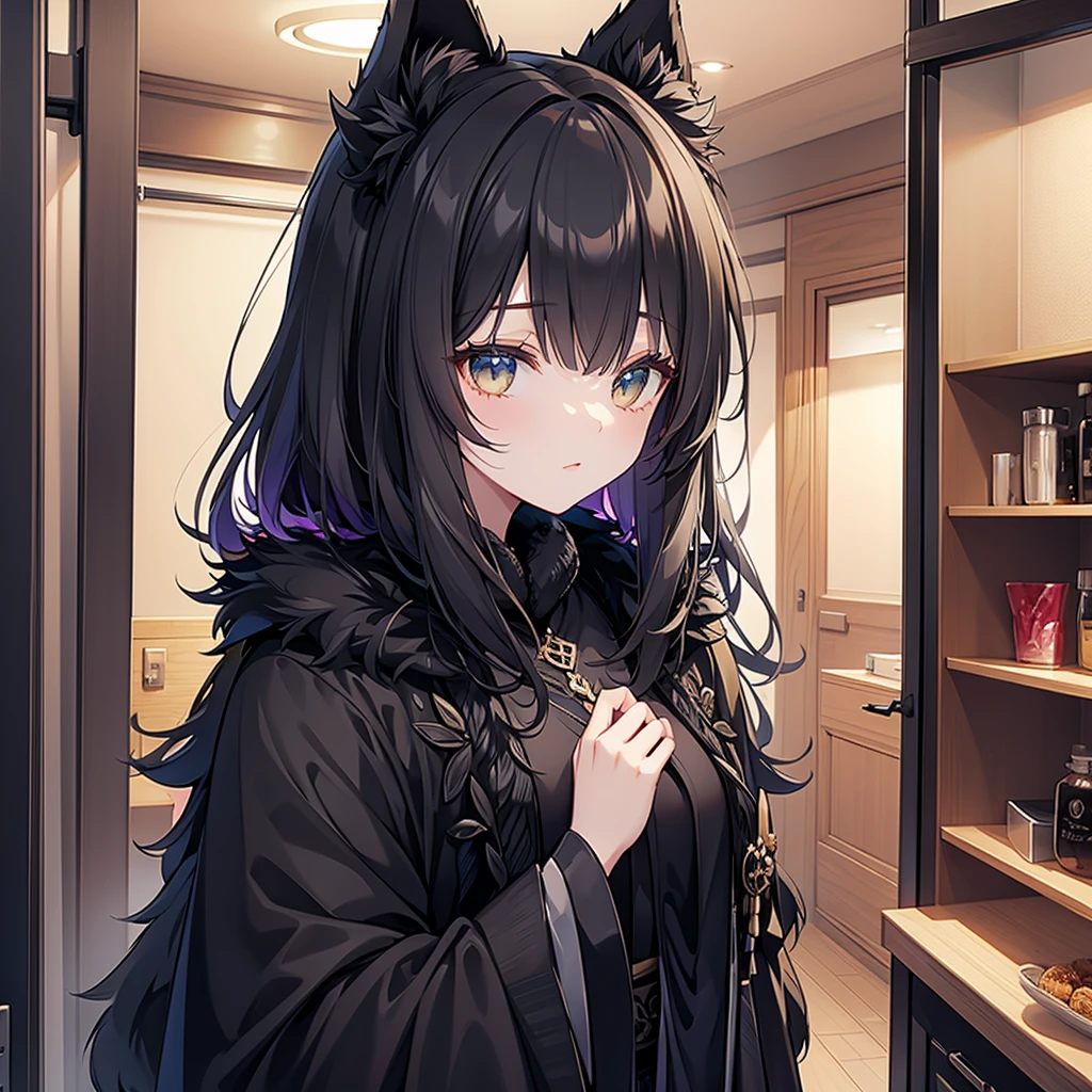 beautiful black enchanted furry kimono, in wardrobe