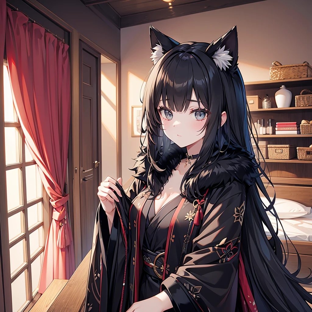 beautiful black enchanted furry kimono, in wardrobe