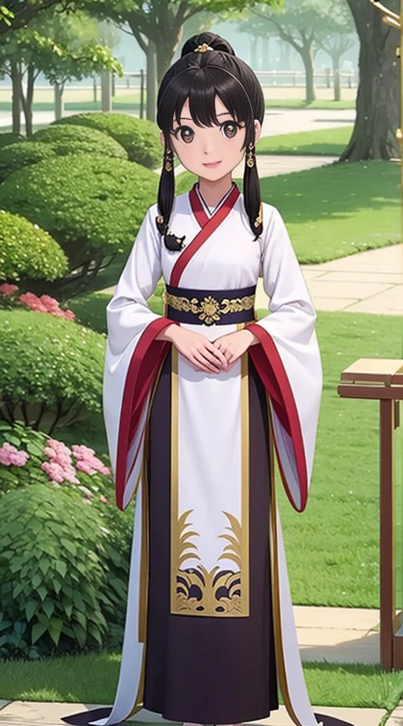 masterpiece, best quality, 1girl, solo, long hair, looking at viewer, smile, bangs, hair ornament, eyes, long sleeves, dress, standing, collarbone, alternate costume, wide sleeves, tree, chinese clothes, hairpin, hanfu, ningguang (genshin impact), Ningguang,