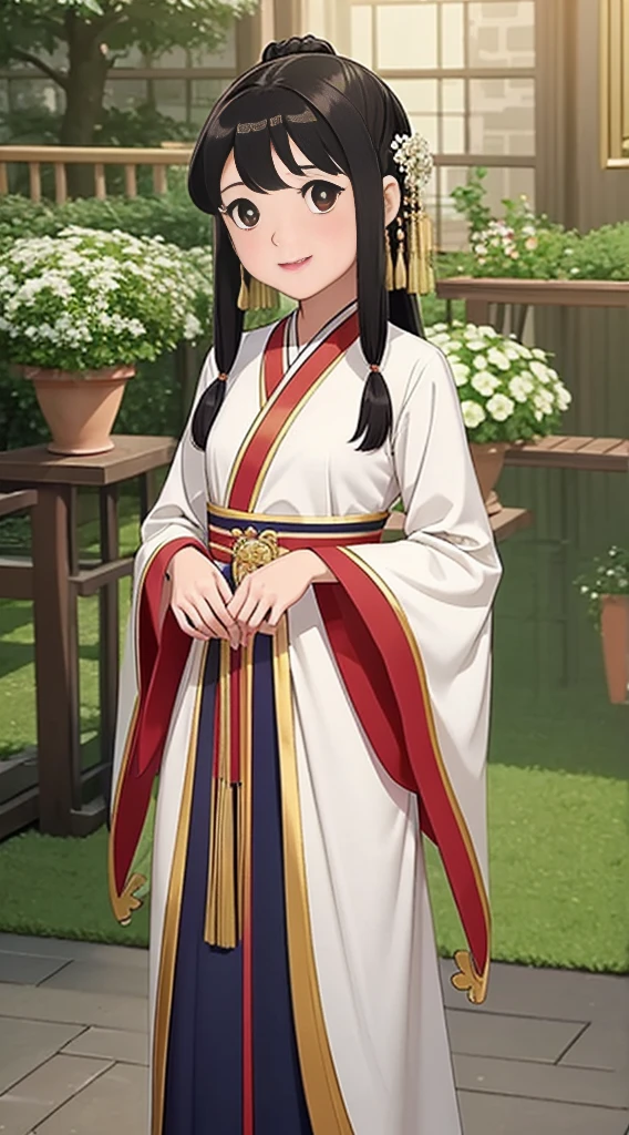 masterpiece, best quality, 1girl, solo, long hair, looking at viewer, smile, bangs, hair ornament, eyes, long sleeves, dress, standing, collarbone, alternate costume, wide sleeves, tree, chinese clothes, hairpin, hanfu, ningguang (genshin impact), Ningguang,