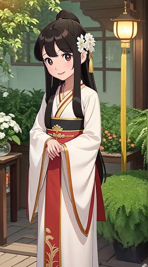 masterpiece, best quality, 1girl, solo, long hair, looking at viewer, smile, bangs, hair ornament, eyes, long sleeves, dress, standing, collarbone, alternate costume, wide sleeves, tree, chinese clothes, hairpin, hanfu, ningguang (genshin impact), Ningguang,