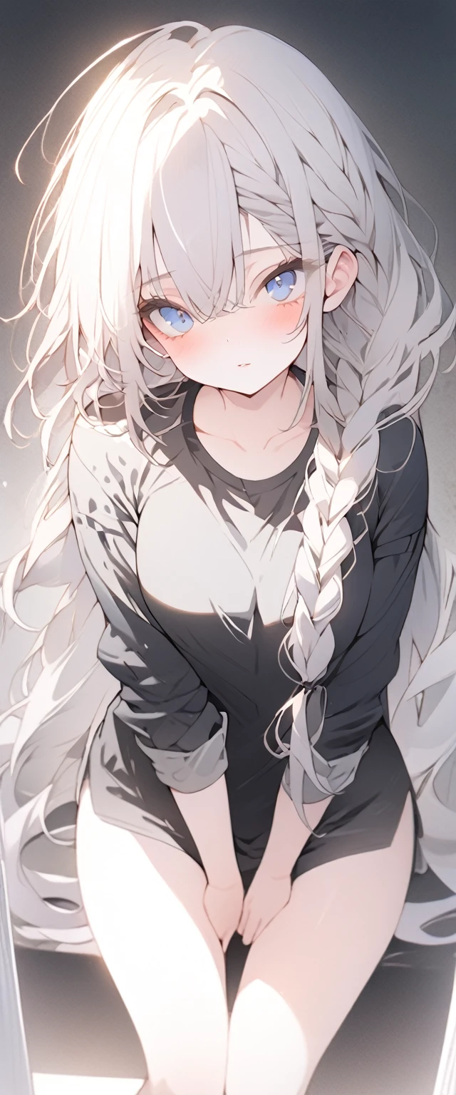 beautiful, masterpiece, Highest quality, anime, One girl, C Cup,Portrait Shot, View your viewers, Covered、Long Hair、nearby、Blue Eyes、art、、White hair,Blue streaked hair, dark atmosphere、Thighs、Braid、Rough shirt、