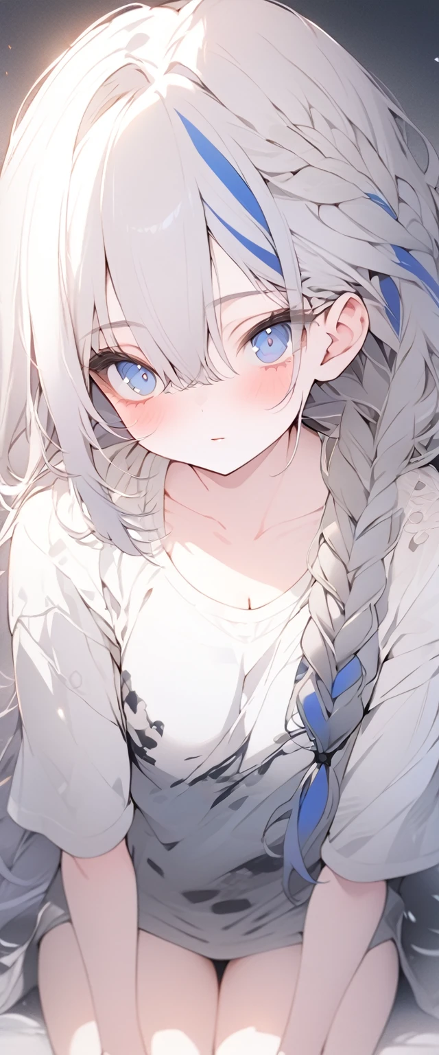 beautiful, masterpiece, Highest quality, anime, One girl, C Cup,Portrait Shot, View your viewers, Covered、Long Hair、nearby、Blue Eyes、art、、White hair,Blue streaked hair, dark atmosphere、Thighs、Braid、Rough shirt、