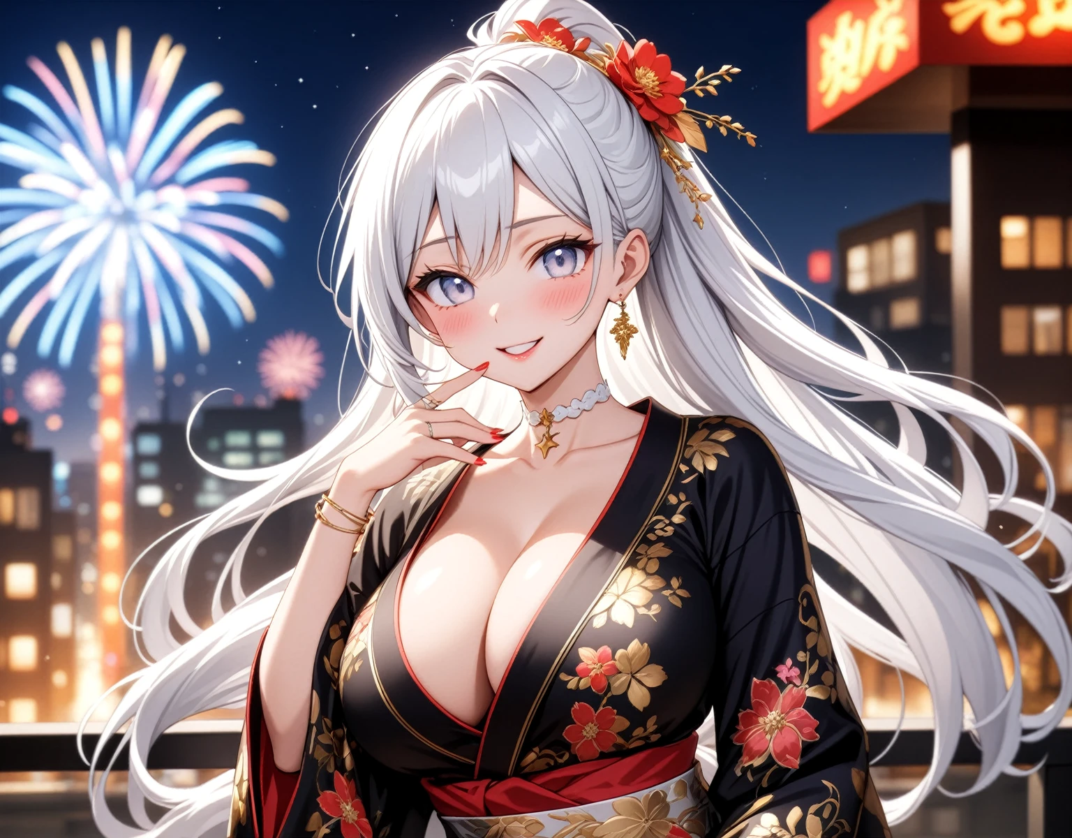 ((One personの女性)), Beautiful Face, Laughing embarrassedly, (laugh:1.2),((Wink:1.9)), (head tilt:1.3), Laugh with your mouth wide open, upper teeth, looking at viewer, ((on side:1.8)), ((full-face blush:1.6)),Glossy Red Lips, night, Skyscraper rooftop, firework, Glossy red lips, Shining Face, ((Anime style background)),masterpiece, Highest quality, so beautiful,up to date, Complex details, (Pink long nails),(ring),(bracelet),(Floral choker),AI-generated, Complex,High resolution, Highest quality, super high quality,3D Images、3D Images, One person, Long white hair, High Ponytail, Anime woman posing for a photo, (blue eyes), ((Fine grain、Silvery white, lightly pigmented eyes、Shining Eyes:1.3)), (Squint your eyes:1.1),a hyperRealistic , hyperRealistic , Realistic,Anime woman with long white hair, Smooth anime CG art, ((A woman in a colorful kimono with gold embroidery)), ((Black long-sleeved kimono 1.3)),(Red floral pattern),Long flower hair ornament,Earrings,Mature Body,aldult,(Big Breasts:1.1),Tall,Abdominal muscles,Tight waist,(face focus:1.2), (front view),
