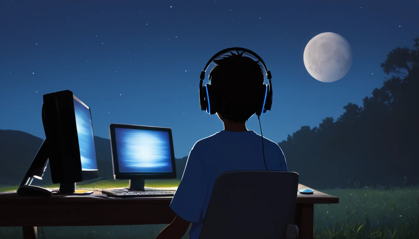 boy facing a computer listening to music under the moonlight