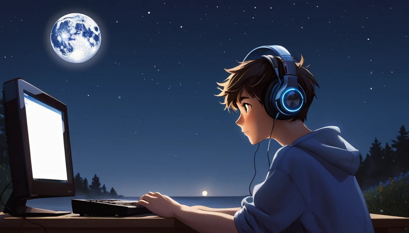 boy facing a computer listening to music under the moonlight