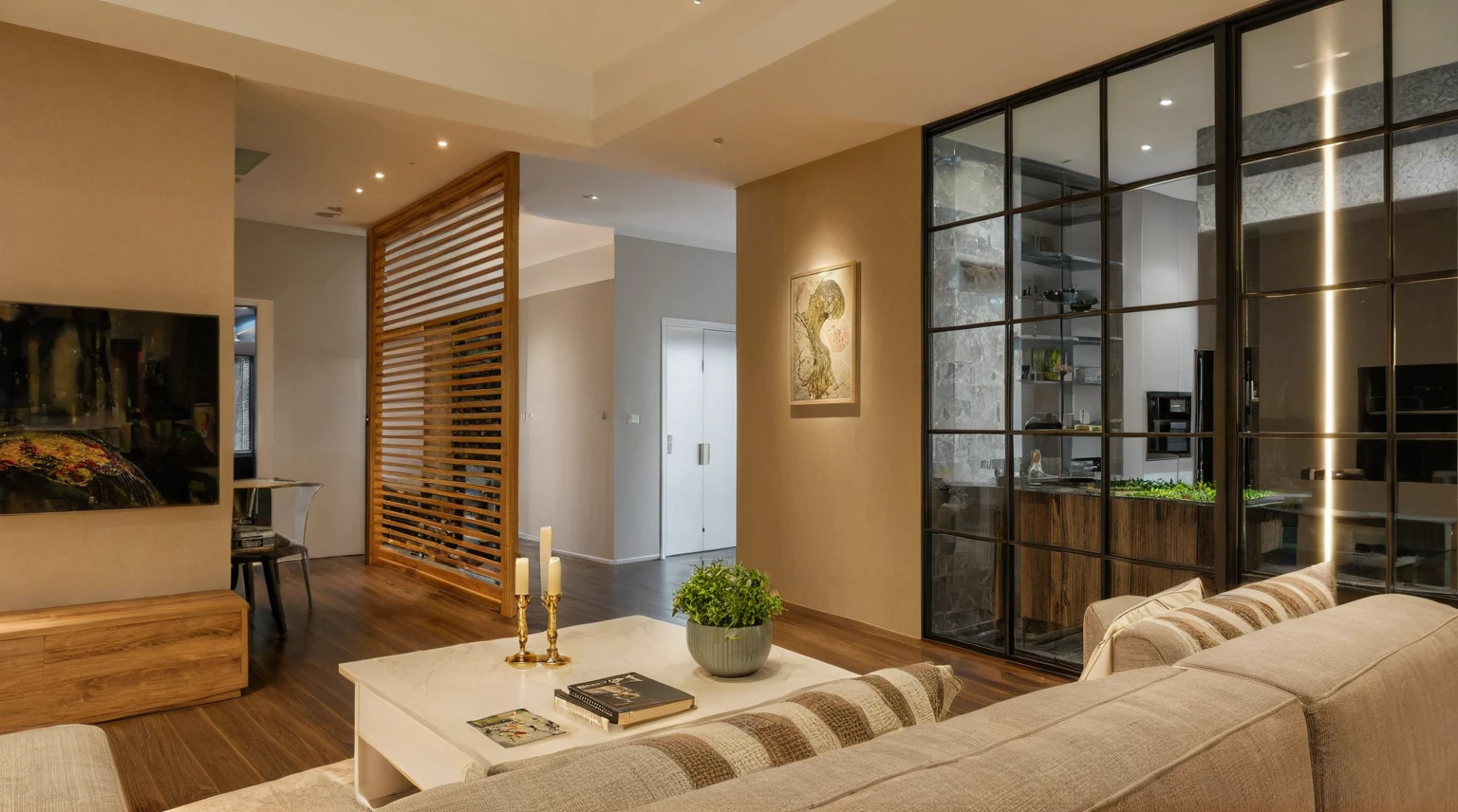 Raw photo, Masterpiece, high quality, best quality, authentic, super detail, interior, indoors, style modern, minimalist line, wooden, oak wood, led light, beige paint wall, sofa, atrium, LIVING ROOM, PEN HOUSE, kitchen, island kitchen, alu window, japan style, wasabi style, Jen style, steel stair, glass railing
