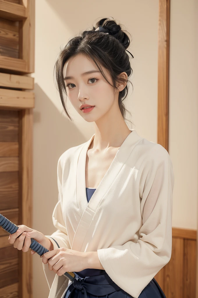 (((best quality))),(((ultra detailed))),(((masterpiece))),illustration,1girl,solo,tonogui,short ponytail,slim,thin,small breasts,flat chest,white collar,white kendogi,three-quarter sleeves,maxi navy-blue kendo hakama,standing in kendo gym,(holding a bokuto:1.3),arms behind back,focused and determined expression,ready for challenge,slender and elegant face,confident and resilient,fair skin,blush,neat teeth,bright smile,clean and tidy uniform,wooden gym floor,wall,pine scent,standard grip,ready to slice through obstacles,strong belief,determination,spirit of resilience,admiring,from front,upper body,