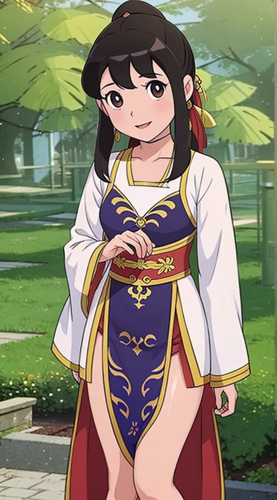 masterpiece, best quality, 1girl, solo, long hair, looking at viewer, smile, bangs, hair ornament, eyes, long sleeves, dress, standing, collarbone, alternate costume, wide sleeves, tree, chinese clothes, hairpin, hanfu, ningguang (genshin impact), Ningguang,