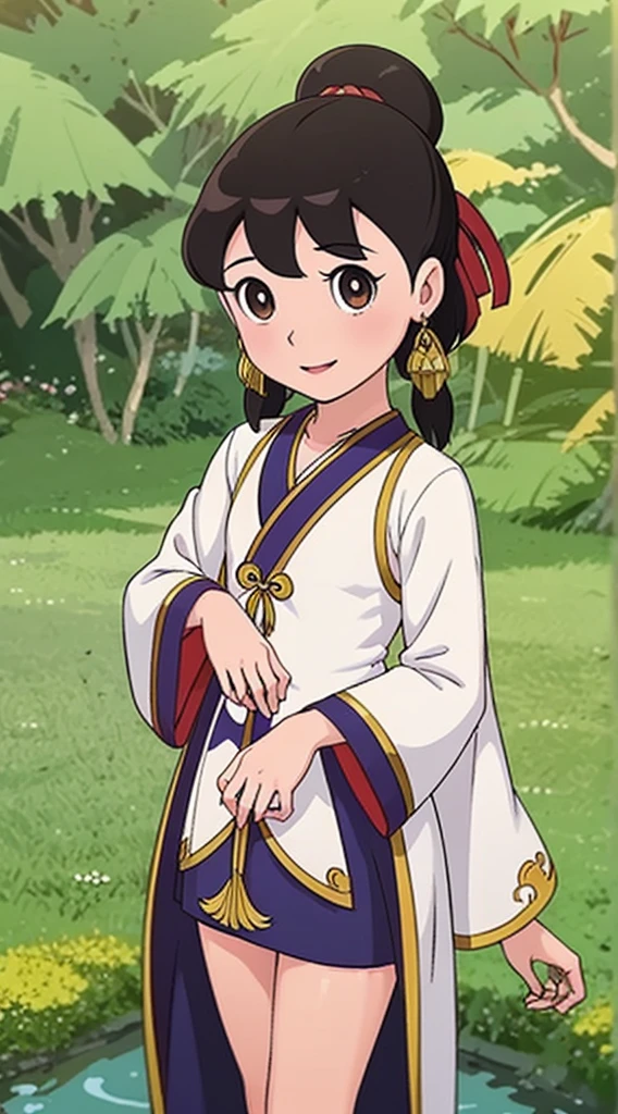 masterpiece, best quality, 1girl, solo, long hair, looking at viewer, smile, bangs, hair ornament, eyes, long sleeves, dress, standing, collarbone, alternate costume, wide sleeves, tree, chinese clothes, hairpin, hanfu, ningguang (genshin impact), Ningguang,  