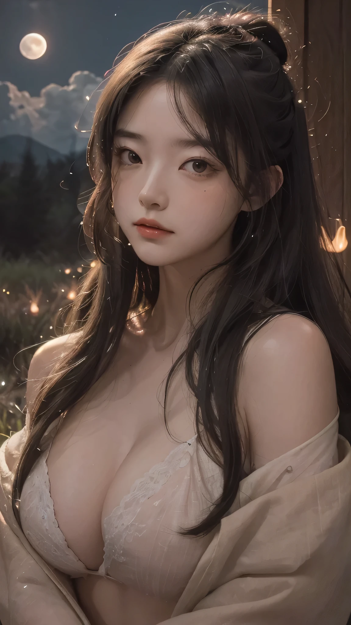 masterpiece, best quality, night, hill, clouds, full moon, long hair, woman, silhouette, fireflies, looking at viewer, medium breast,drunk blush