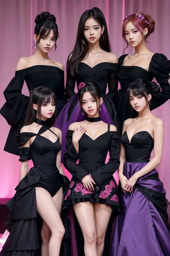 Blackpink anime, lisa with short hair and black pink gown, jennie in black and purple gown, rose in blue and white gown, jisoo in red and black gown