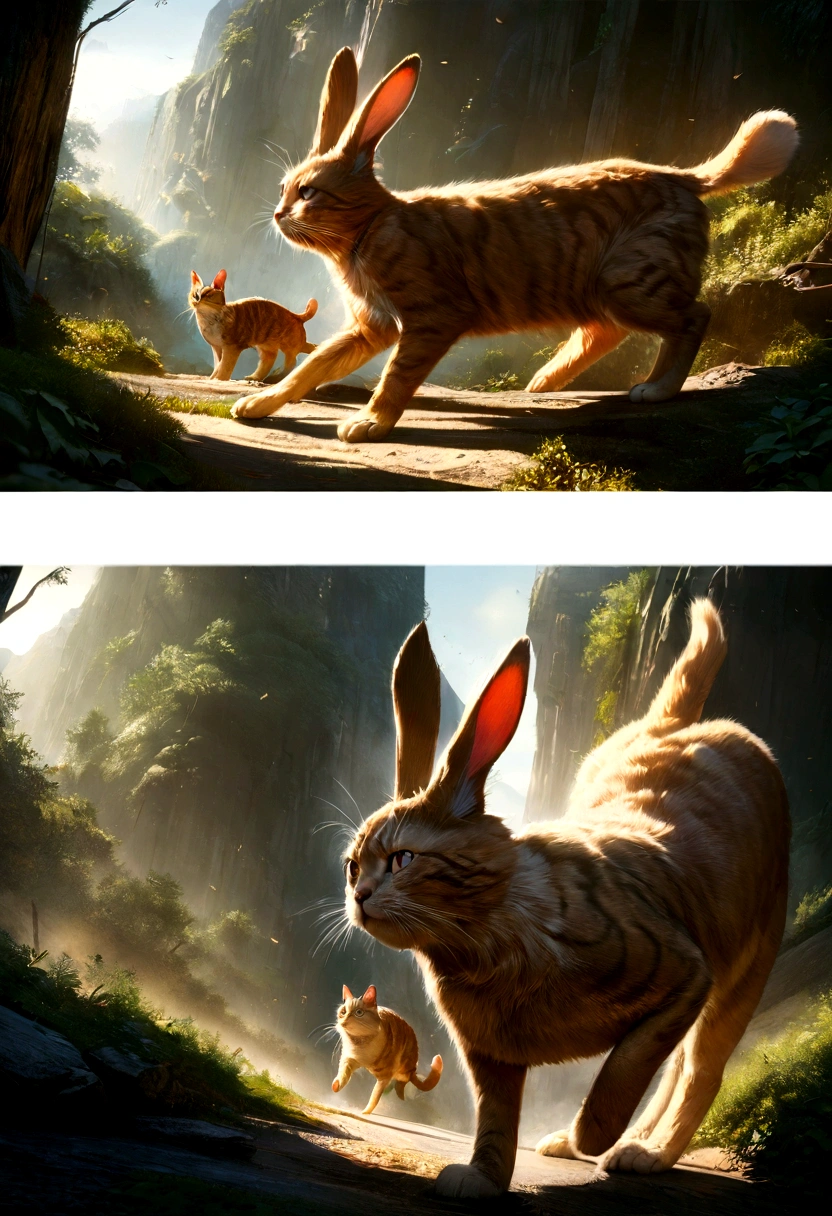 A fierce battle between a rabbit and a cat, high detailed digital art, award winning, cinematic lighting, dramatic composition, hyperrealistic, 8K, detailed fur textures, realistic eyes, dynamic action pose, intense facial expressions, lush natural environment, moody colors, dramatic shadows, photorealistic, masterpiece