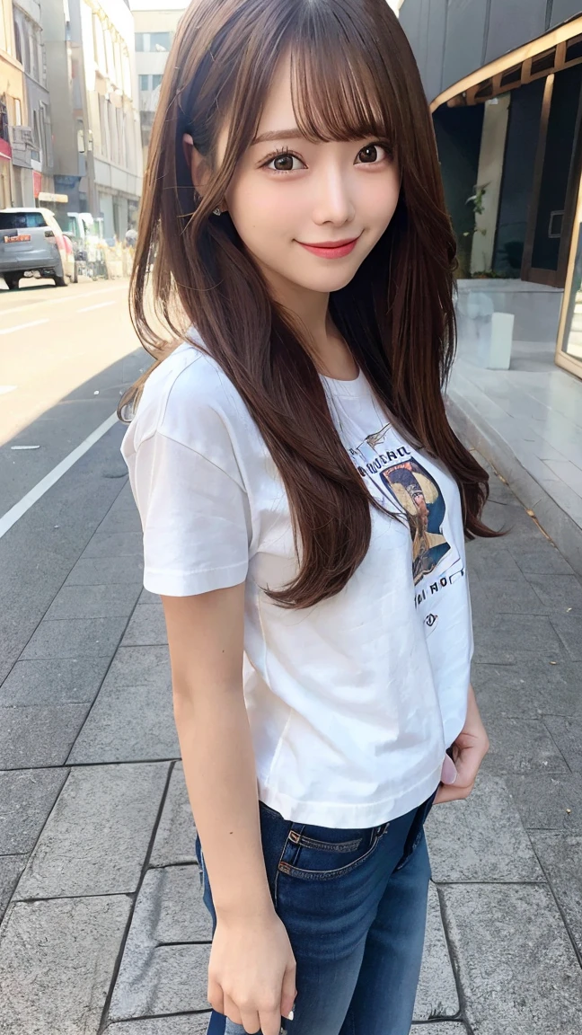 masterpiece, best quality, 1girl, casual outfit, jeans and t-shirt, smiling, long brown hair, natural light, urban background