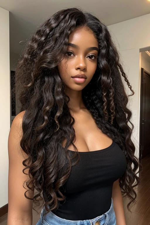 masterpiece, best quality, 1 girl, solo, beautiful African and Asian mixed 19 year old, brown skin female, long, frizzy, curly dark hair, perfect face, long hair