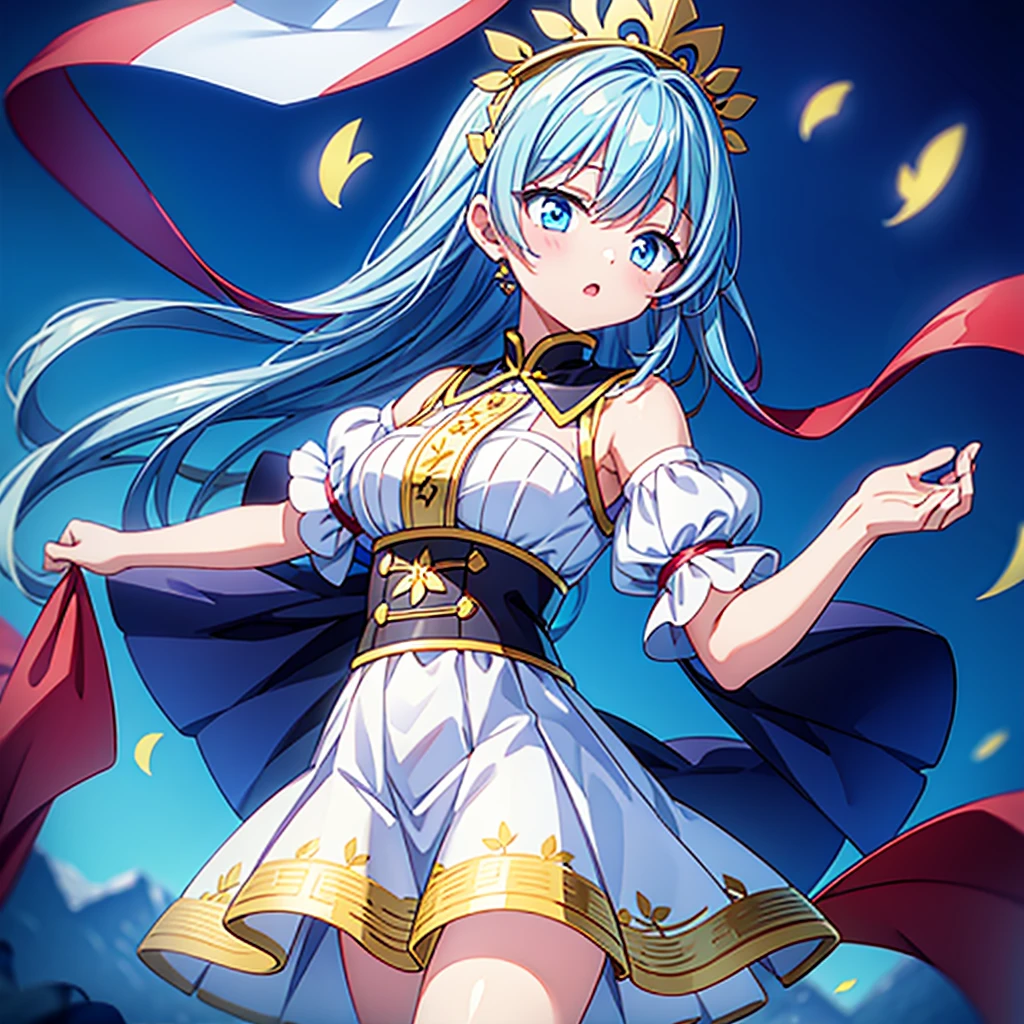 1girl、Dynamic composition、marching band、(((Masterpiece、Highest quality、Official Art、Super detailed、Handsome face、Dynamic composition)))、Anime Style、(Milky white and blue hair:1.3),(blue eyes:1.4),(Bright colors:1.4),((麻の葉background:1.3)),, marching bandのユニフォームを着たクールな女の子, marching bandの帽子、mini skirt, Frills, Black and white with gold embroidered flag held in both hands,（background:Large red flag on the back with gold floral embroidery, Note, )、euphonium、Huge Flag、