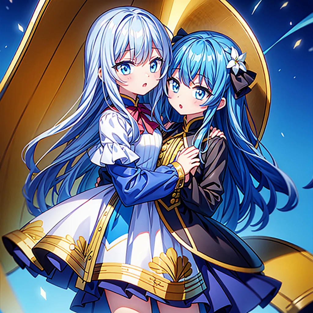 1girl、Dynamic composition、marching band、(((Masterpiece、Highest quality、Official Art、Super detailed、Handsome face、Dynamic composition)))、Anime Style、(Milky white and blue hair:1.3),(blue eyes:1.4),(Bright colors:1.4),((麻の葉background:1.3)),, marching bandのユニフォームを着たクールな女の子, marching bandの帽子、mini skirt, Frills, Black and white with gold embroidered flag held in both hands,（background:Large red flag on the back with gold floral embroidery, Note, )、euphonium、Huge Flag、