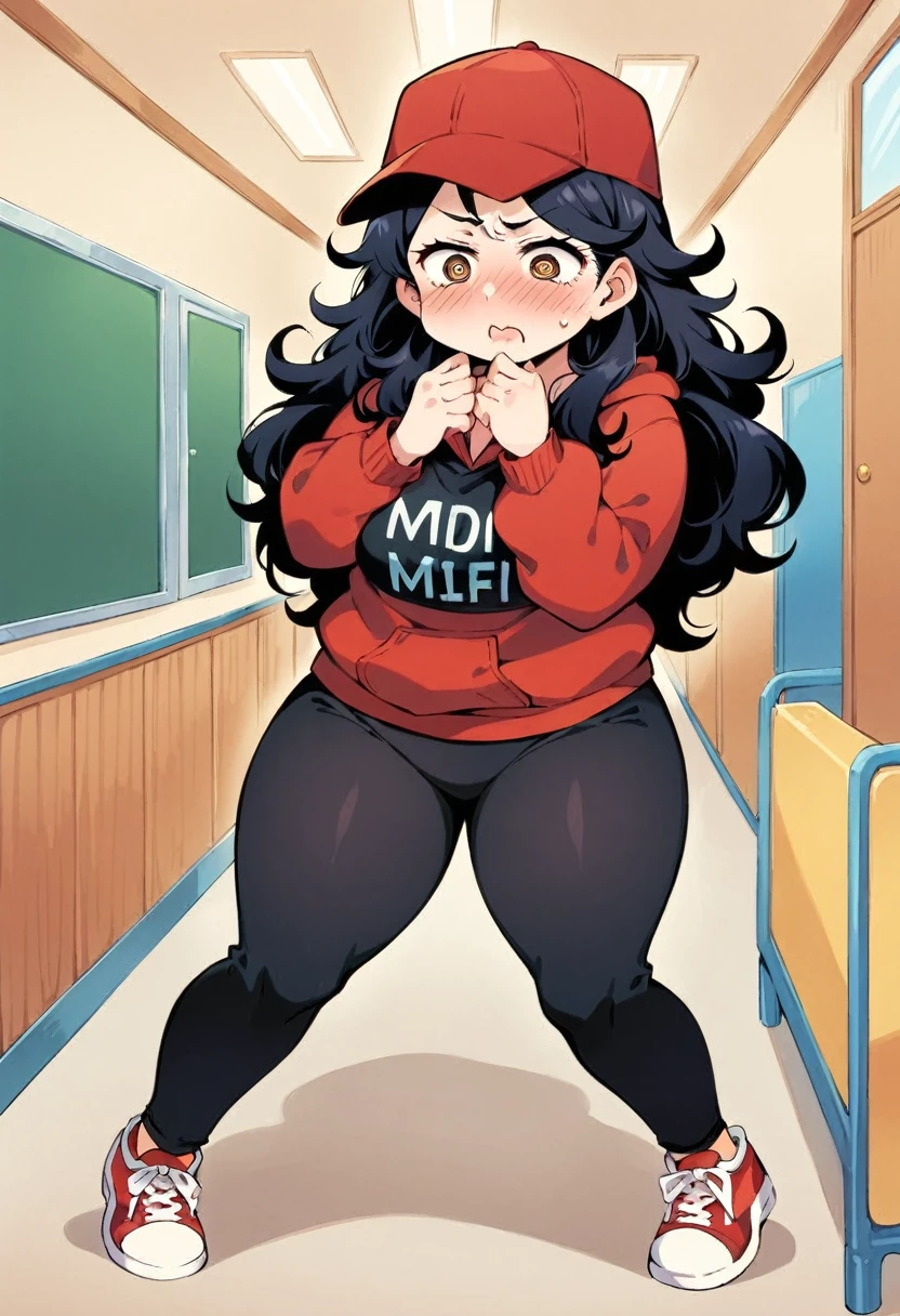 (masterpiece), best quality, expressive eyes, perfect face, a man get transformed into a MILF, solo, surpriced, blushed, black hair, long hair, red baseball cap, brown eyes, (full body), tight clothes, in a kindergarten, chubby, big . black shirt, red hoodie, black sport pants, red sport shoes,