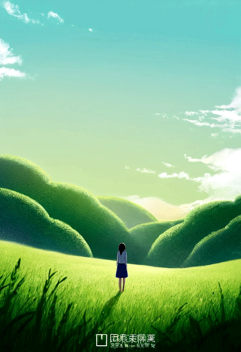 a woman was standing alone in the middle of green meadow with his face staring at the bright blue sky, manga style,