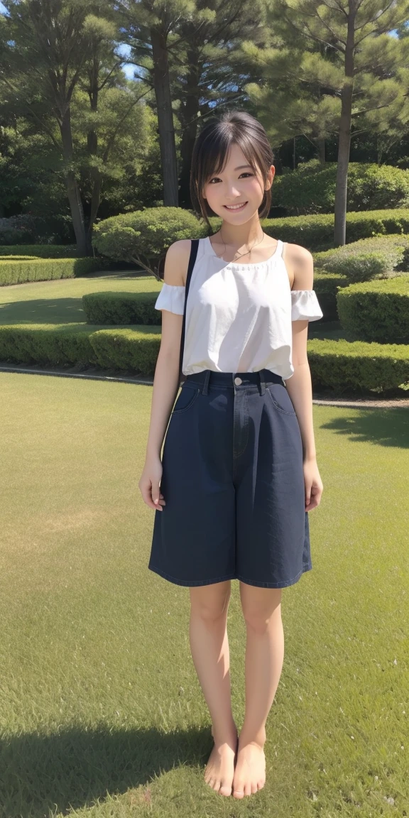 Full body standing upright on grass barefoot、cute、20-year-old、Japanese、Cute clothes、(Shortcuts:1.2)