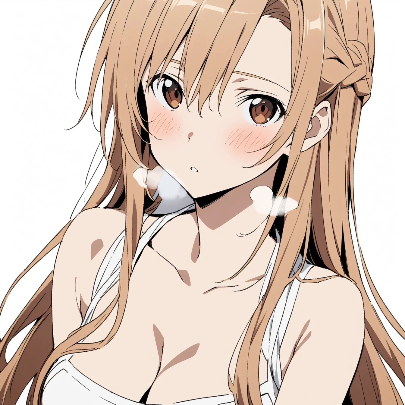 1 Girl, Asuna,Sword Art Online,,Solitary, Viewers, Pure white background,blush, Brown eyes,breathe, avatar,Half Body,Comic style without color,angle, masterpiece, best quality,Cleavage