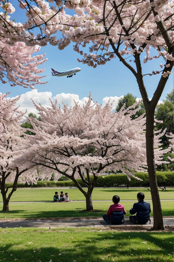 A person was sitting under a cherry tree, a plane was passing by, and two children were sitting.