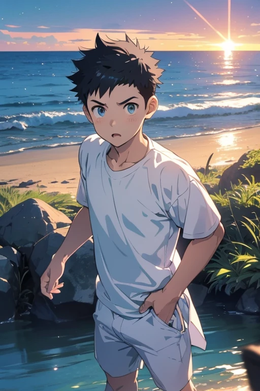 anime - along the sea, １Boy, 20-year-old, Embarrassed look, short pants, Short spiked Hair, Sweaty, Slender, Eyes Wide Open, Spread legs, makoto shinkai style, pale blue sky, pale blue sea, ultra high quality, ultra detailed, detailed face, sunset