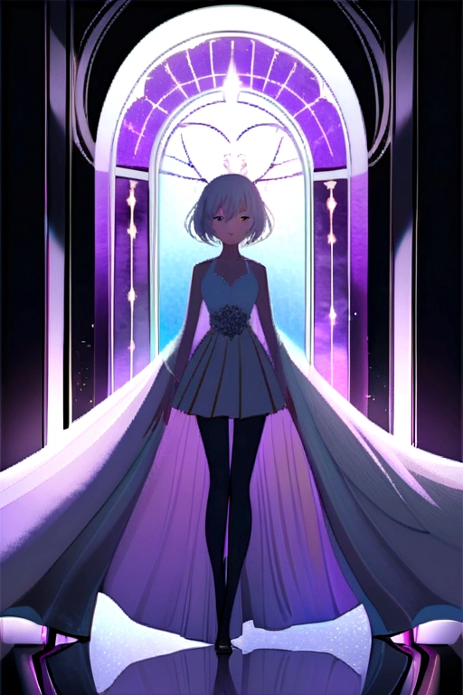 (work of art, best qualityer:1.2), 1 girl, standing alone,standing_to divide,
long white hair, purple eyes, White sleeveless tank top,shorts jeans azul