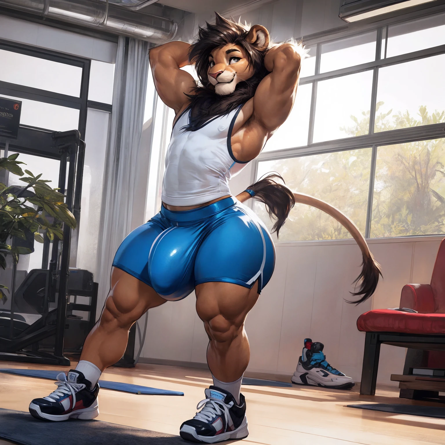 (by darkgem, by boosterpang), solo focus, 1boy, male, lion boy, cute, girly, femboy, short boy, looking at viewer, smiling, happy, large muscular body, (hyper hips:1.3), (huge bulge), bulgeJ8, long hair, detailed eyes, lust, masterpiece, best quality, lycra shorts, white tank top, sneakers, standing upright, photorealistic, hyperrealistic, ultradetailed, detailed background, photo background, digital drawing (artwork), girly, bedroom eyes, (aerobics class), indoors, looking at viewer, stretching, hands behind head, (tail),