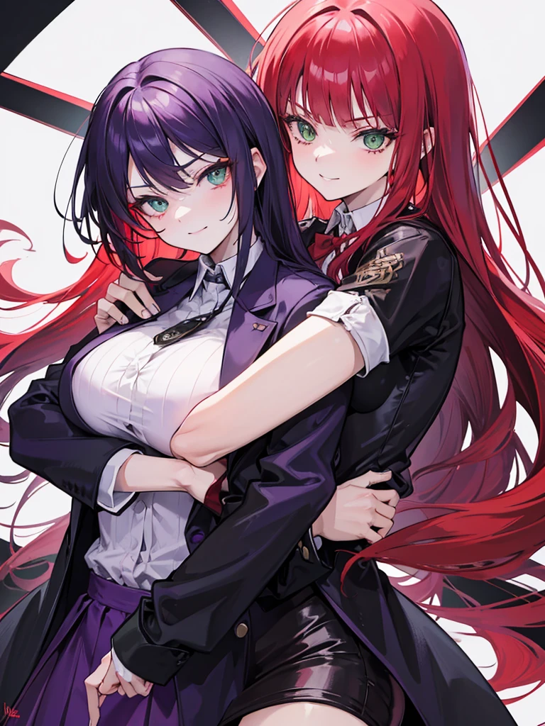 woman, green eyes, long red hair, bangs. she hair wavy. wear purple black jacket, arrogant, independent woman, thug. bad girl. intimidating women. background in mansion. kind smile.  hugging her boyfriend.