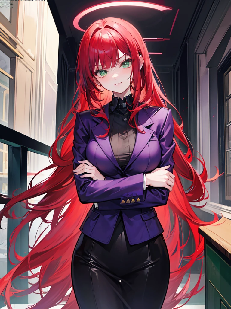 woman, green eyes, long red hair, bangs. she hair wavy. wear purple black jacket, arrogant, independent woman, thug. bad girl. intimidating women. background in mansion. kind smile. hugging her boyfriend.