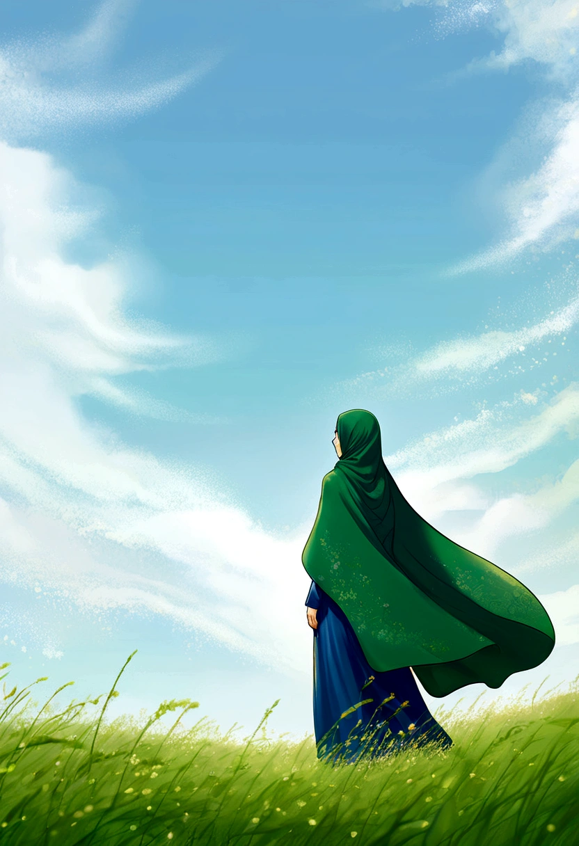 a hijab woman was standing alone in the middle of green meadow with his face staring at the bright blue sky, manga style,