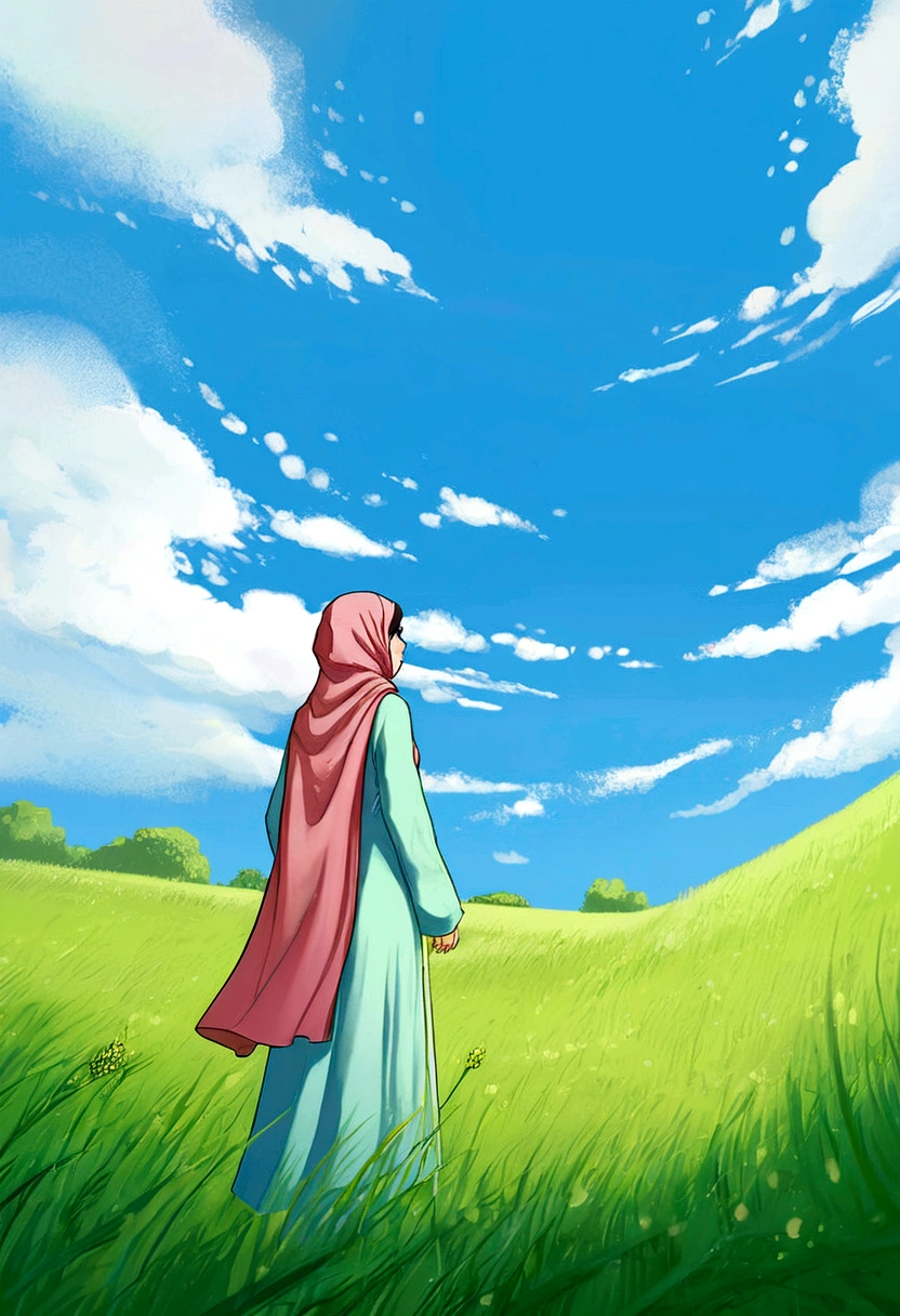 a hijab woman was standing alone in the middle of green meadow with his face staring at the bright blue sky, manga style,