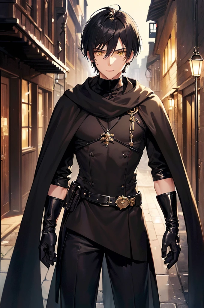 (masterpiece; best quality: 1.2), (finely detailed eyes: 1.3), ((25 year old man)), ((solo)), (yellow eyes: 1.4), (body; lithe, lean, slender: 1.3), (very short black hair: 1.3), (beautiful and clear background: 1.2), ((depth of field)), (clothes: black assassin attire + black high-neck tunic + black pants + black gloves + black cloak + belts + traveler pouches and satchel: 1.3), (anime illustration: 1.2), (background; medieval slums alleyway + night: 1.1), (extremely fine and handsome: 1.1), (shot composition; standing + centered on torso + close-up: 1.5), (expression; calm, stoic: 1.2)