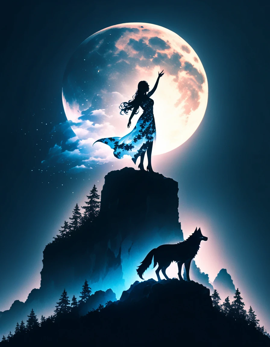 A serene silhouette artwork showing a woman with her arms raised, reaching towards the sky. Her silhouette blends with that of a howling wolf standing on a rocky outcrop, backlit by a glowing full moon. The background features a star-filled night sky with subtle hints of swirling, abstract patterns. The double exposure effect merges the woman’s reaching form with the wolf’s silhouette, creating a composition that feels both uplifting and mystical. The colors are primarily dark blues and blacks with bright white and silver highlights from the moonlight.