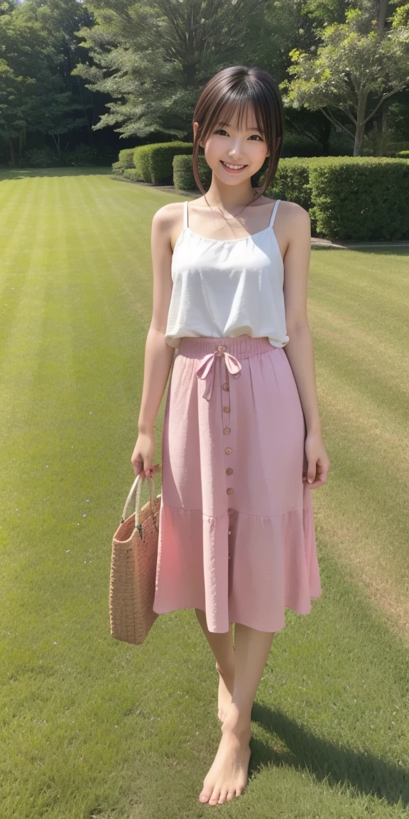 Full body standing upright on grass barefoot、cute、20-year-old、Japanese、Cute clothes、one piece、Long skirt、(Shortcuts:1.2)