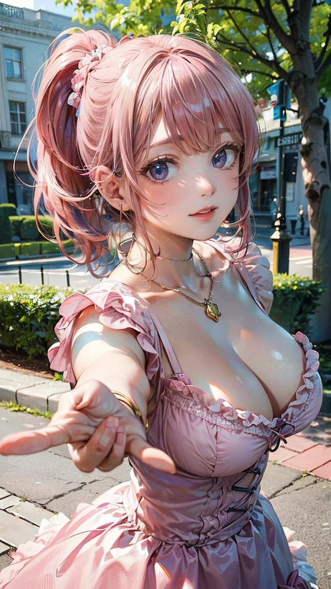 (Masterpiece, BestQuality:1.3), (ultra detailed:1.2), (hyperrealistic:1.3), (RAW photo:1.2), High detail RAW color photo, professional photograph, (Photorealistic:1.4), (realistic:1.4), (Pink Hair:1.5), professional lighting, perfect anatomy, (Big Breasts:1.2), (blush, detailed face), (A happy smile:1.7), Trending Hair&Trending Hairカラーをランダムに, earrings, necklace, bracelet, sexly, erotic sexly, Random sexy gravure poses, (A woman in a pink frilly dress、Smiling in the park with her hair blowing in the wind。With a ponytail hairstyle、One hand outstretched。:1.3)