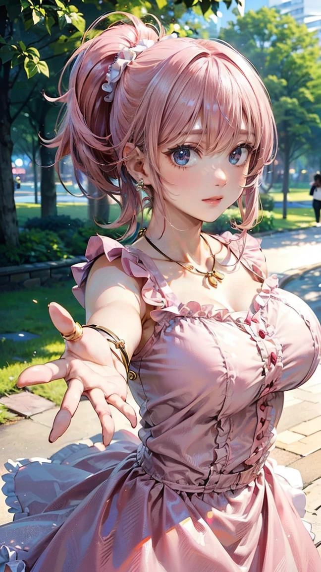 (Masterpiece, BestQuality:1.3), (ultra detailed:1.2), (hyperrealistic:1.3), (RAW photo:1.2), High detail RAW color photo, professional photograph, (Photorealistic:1.4), (realistic:1.4), (Pink Hair:1.5), professional lighting, perfect anatomy, (Big Breasts:1.2), (blush, detailed face), (A happy smile:1.7), Trending Hair&Trending Hairカラーをランダムに, earrings, necklace, bracelet, sexly, erotic sexly, Random sexy gravure poses, (A woman in a pink frilly dress、Smiling in the park with her hair blowing in the wind。With a ponytail hairstyle、One hand outstretched。:1.3)