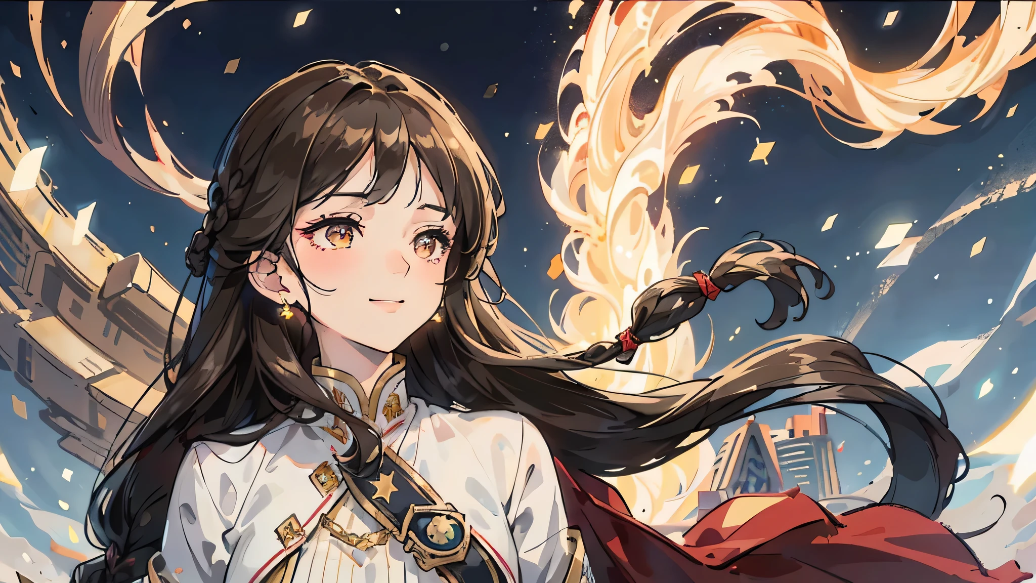 One Mature girl , long dark brown hair, long dark brown hair, braid on the left side of hair, floating hair, close up, smiling, front bangs, front bangs, bangs, braid on the left side of hair, full front bangs, golden eyes, golden eyes, delicate and smart eyes, starry pupils, golden nightgown, FOV, f1.8, masterpiece, complex scene, front portrait shot, snowing night, night, city in background, stars, half moon, light, magic, fantasy
