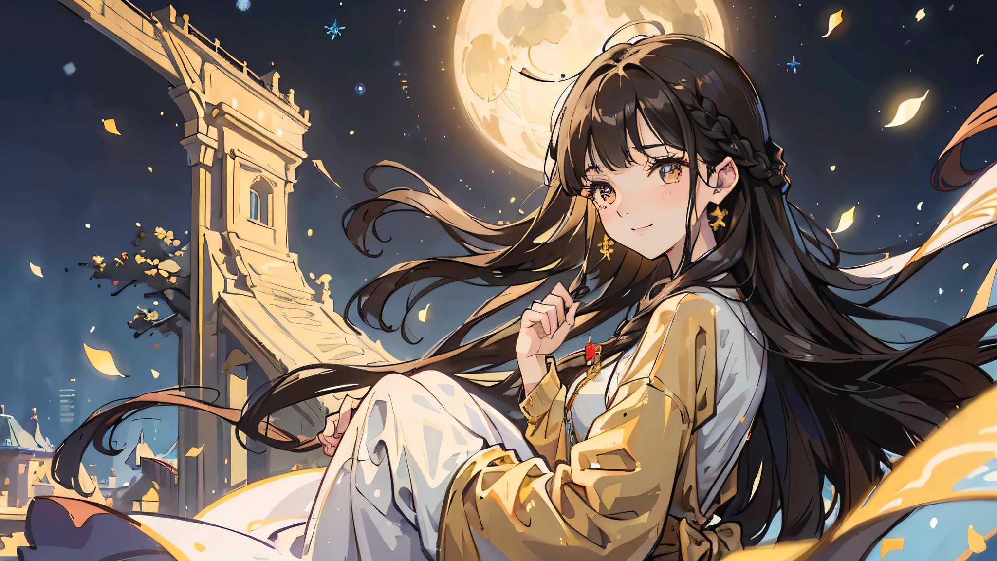 One Mature girl , long dark brown hair, long dark brown hair, braid on the left side of hair, floating hair, close up, smiling, front bangs, front bangs, bangs, braid on the left side of hair, full front bangs, golden eyes, golden eyes, delicate and smart eyes, starry pupils, golden nightgown, FOV, f1.8, masterpiece, complex scene, front portrait shot, snowing night, night, city in background, stars, half moon, light, magic, fantasy
