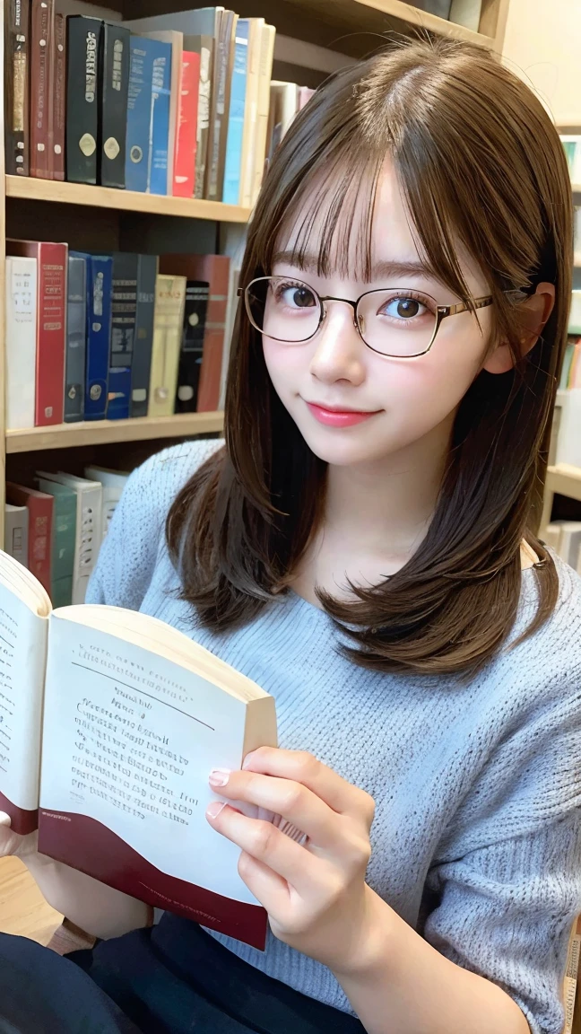 best quality, 1girl, reading a book, cozy library, glasses, casual outfit, intellectual look, warm lighting, detailed background