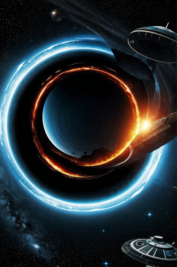 Draw a black hole sucking in a spaceship from a Star Wars movie.