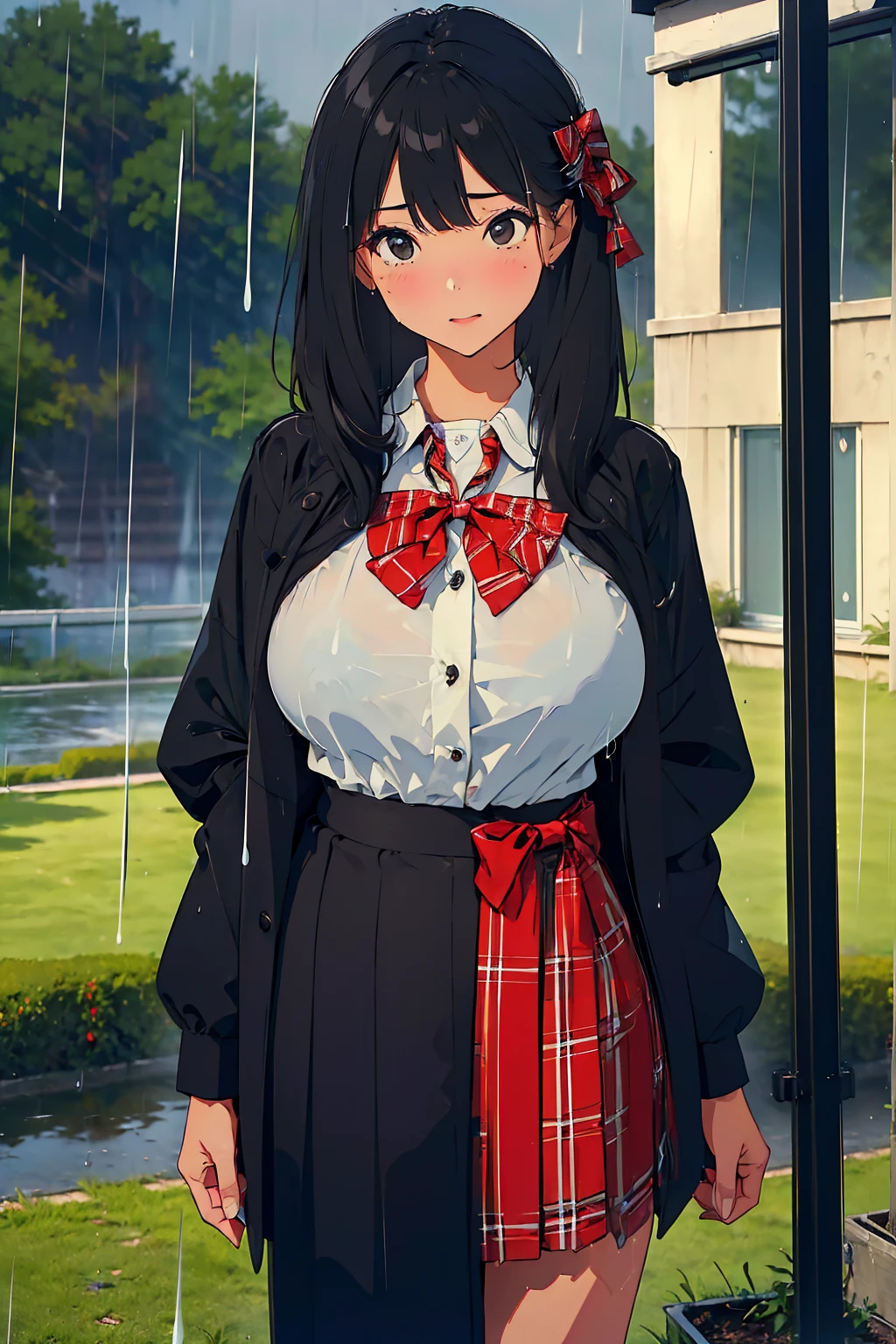 (masterpiece:1.6), 8K, (best quality:1.6), (ultra high res1.2), perfect proportion, (dark hair:1), (black hair:1), (black eyes:1.1), (beautiful Busty breasts:1.5), (beautiful girl:1.4), 18age, a girl, a beautiful girl, (medium bob hair:1.2), a sexy mole around the mouth, open mouth, (aroused:1.3), (embarrassed:1.3), blush, (Raincoat:1.1), (Sheer uniform), Black Bra, (school uniform, see-through shirt), a red Checked bow tie, full body, Morning school hours, ((rain, rain降り:1.3)), Rain coat, Raincoatを羽織って,