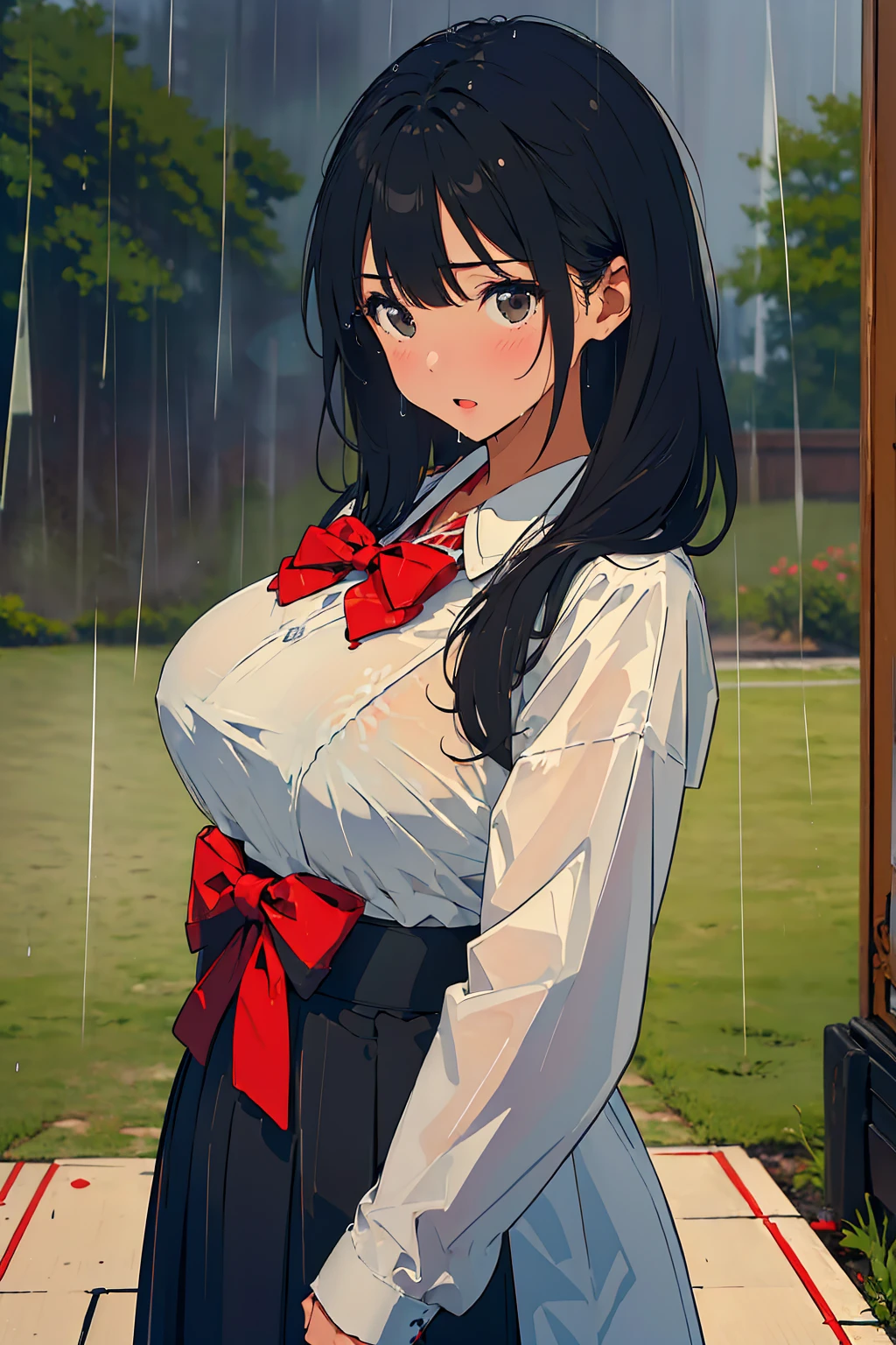 (masterpiece:1.6), 8K, (best quality:1.6), (ultra high res1.2), perfect proportion, (dark hair:1), (black hair:1), (black eyes:1.1), (beautiful Busty breasts:1.5), (beautiful girl:1.4), 18age, a girl, a beautiful girl, (medium bob hair:1.2), a sexy mole around the mouth, open mouth, (aroused:1.3), (embarrassed:1.3), blush, (Raincoat:1.1), (Sheer uniform), Black Bra, (school uniform, see-through shirt), a red Checked bow tie, full body, Morning school hours, ((rain, rain降り:1.3)), Rain coat, Raincoatを羽織って, 